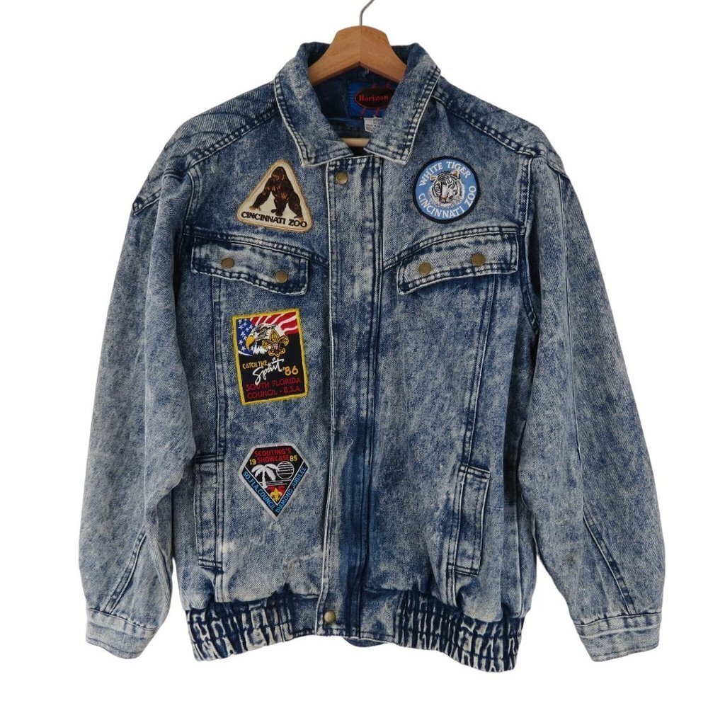 Vintage 80s HORIZON Acid Wash Denim Bomber Jacket S/18 Boy Scouts Cincinnati Zoo